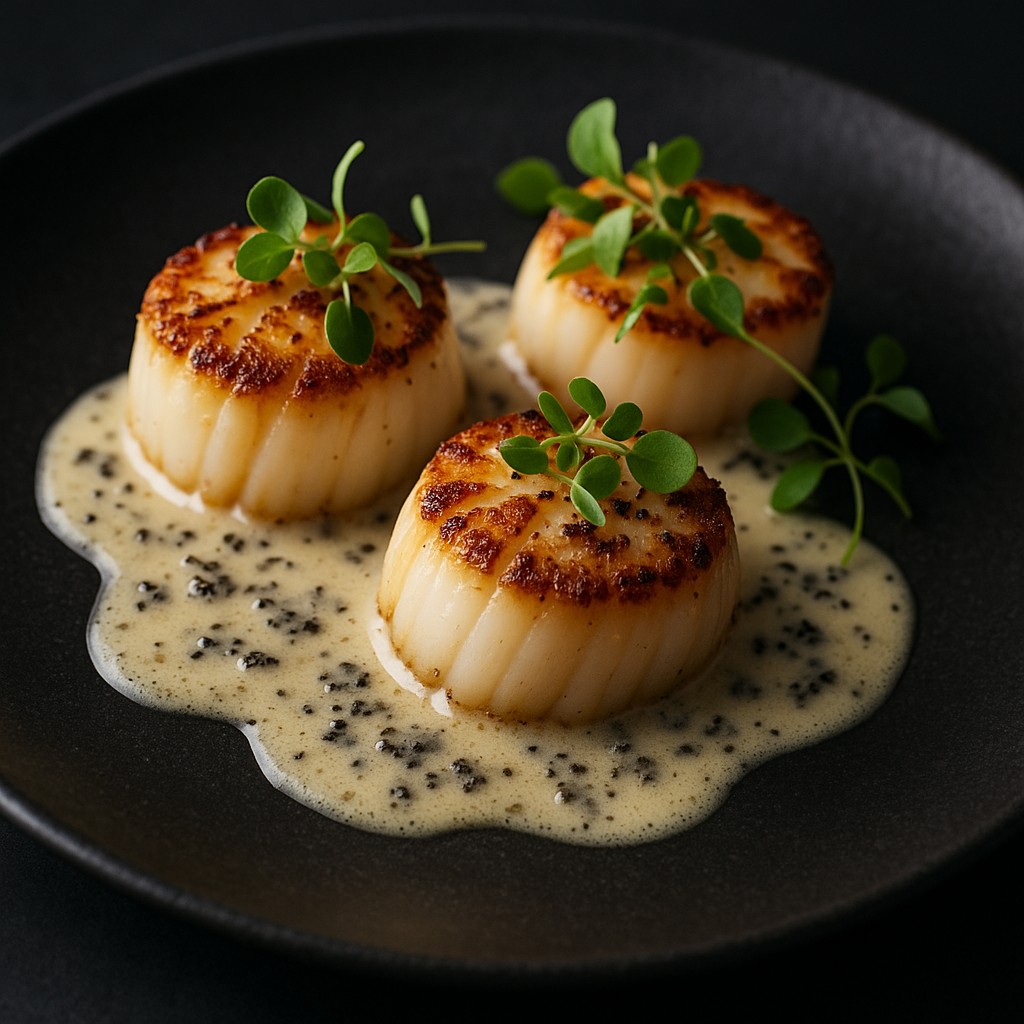 Seared scallops with truffle butter sauce and microgreens