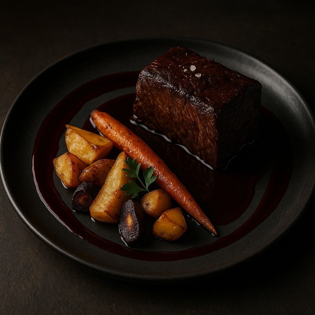 Braised short rib with roasted root vegetables and red wine reduction