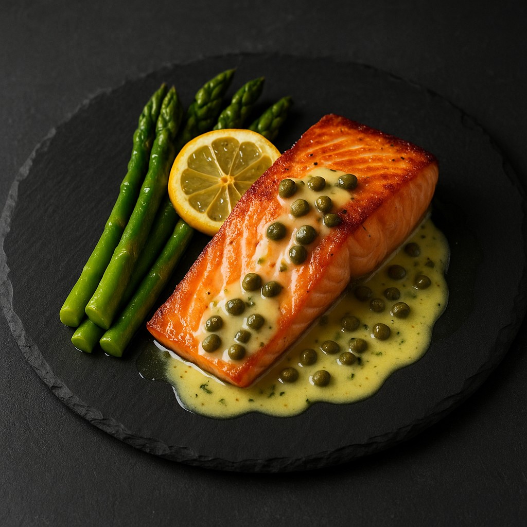 Pan seared salmon with lemon caper sauce and asparagus