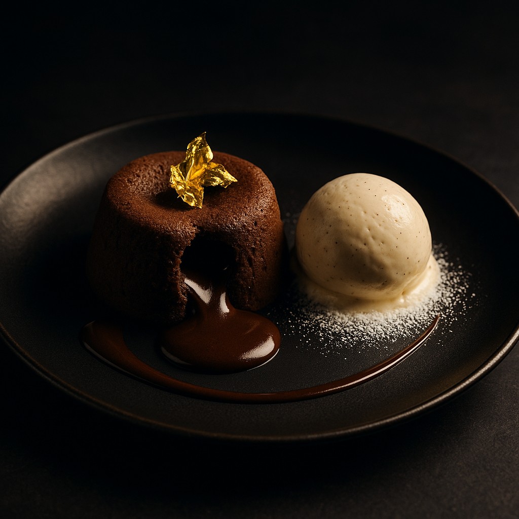 Chocolate lava cake with vanilla bean ice cream and gold leaf garnish